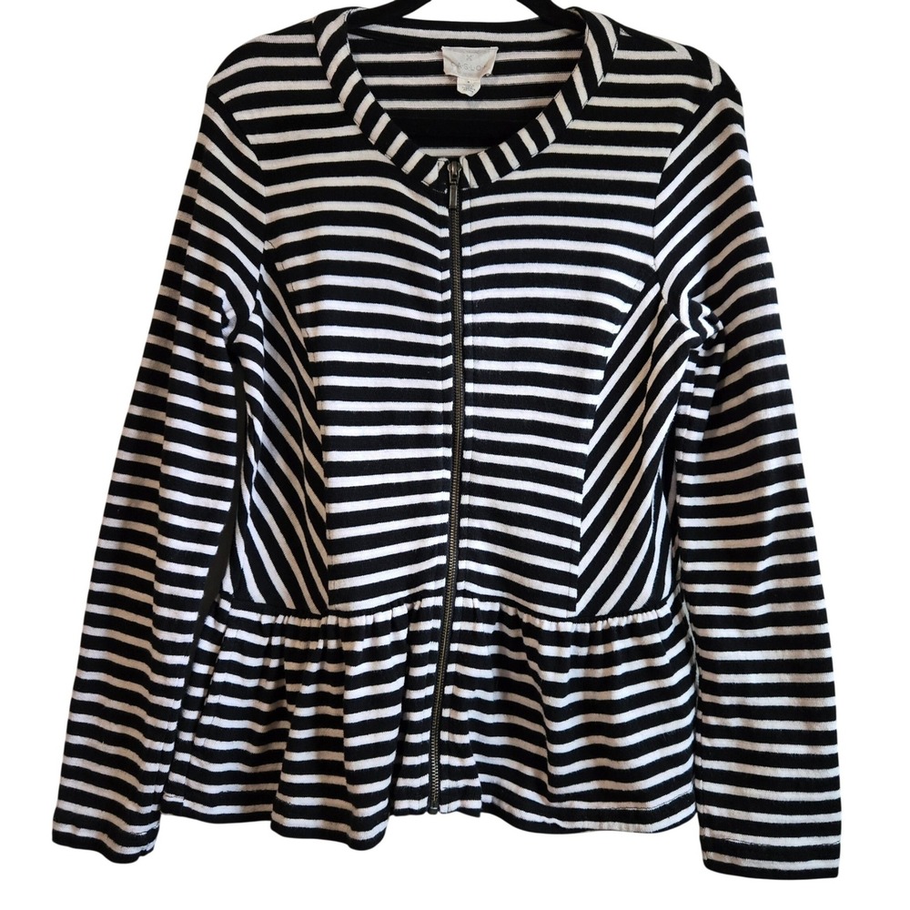 Caslon Womens M Artsy Chic Black White Striped Peplum Zip-up Cotton Knit Jacket